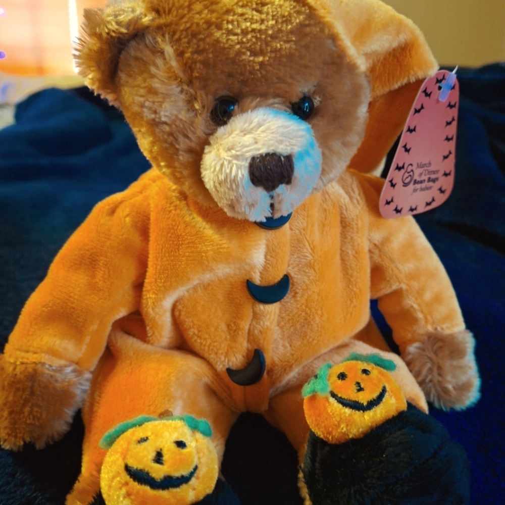 March of Dimes Plushland Halloween Bear Pumpkin PJS / Slippers Bean Bag Plush